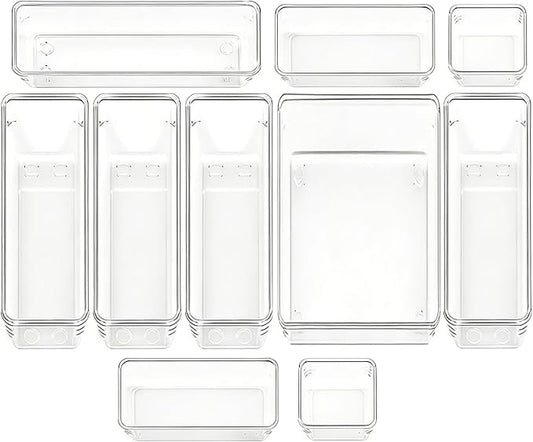 Clear Acrylic Drawer Organizer Trays, 5 Size Junk Box Organization Small Storage Container Bin for Desk Makeup Bathroom Vanity Kitchen Tool Make Up Workspace Home Dorm Apartment Office Room Nightstand