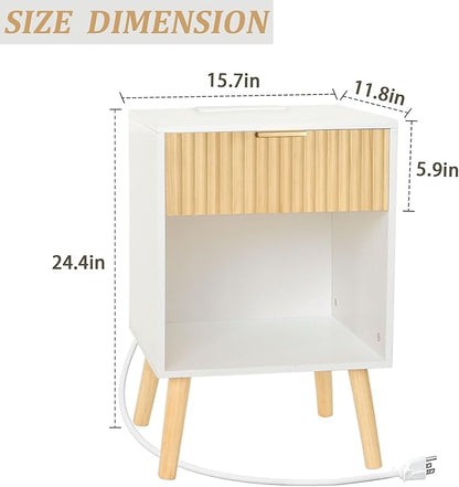 Night Stand with Charger Station, Modern Wood Nightstand with Drawer and Outlet, Fluted Bedside Table End Table with Solid Wood Legs for Bedroom, Living Room, Office (White Oak)