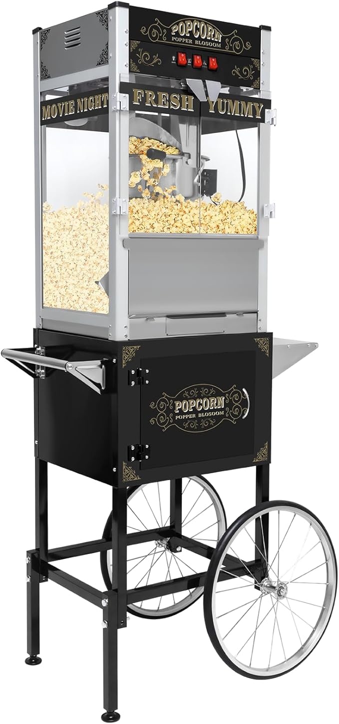 Commercial 20 Oz Popcorn Machine with Cart - 100 Cups, Stainless Steel Kettle, Warming Light - Portable Popper for Home Theater & Parties, Sleek Black