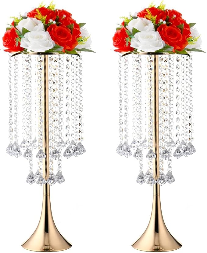 21.88in Gold Wedding Centerpieces for Tables, 2pcs Wedding Flower Stand with Crystal Bead, Metal Tall Vases for Centerpieces Birthday Party Event Decoration