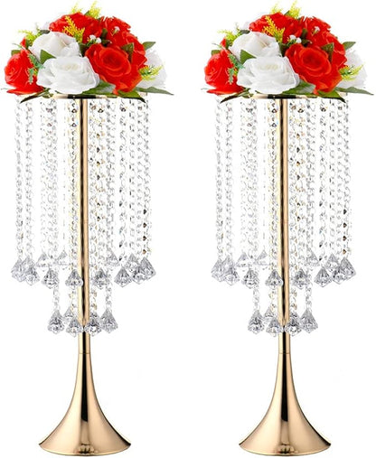 21.88in Gold Wedding Centerpieces for Tables, 2pcs Wedding Flower Stand with Crystal Bead, Metal Tall Vases for Centerpieces Birthday Party Event Decoration