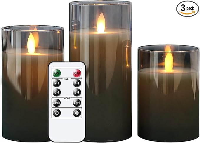 GenSwin Battery Operated LED Flameless Flickering Candles with 10-Key Remote Control, Moving Wick Pillar Glass Candles Real Wax for Festival Wedding Christmas Home Party Decor(Pack of 3, Gray)