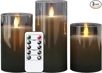 GenSwin Battery Operated LED Flameless Flickering Candles with 10-Key Remote Control, Moving Wick Pillar Glass Candles Real Wax for Festival Wedding Christmas Home Party Decor(Pack of 3, Gray)