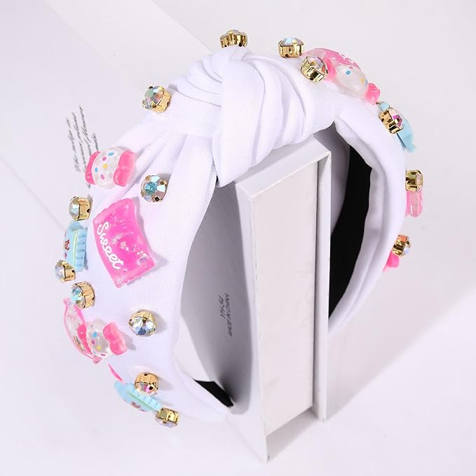 Knotted Headband for Women Lollipop Candy Charms Crystal Jeweled Embellished Top Knot Hairband Statement Wide Turban Hair Hoop Funny Gifts for Girls Sister Birthday Xmas Holiday Party