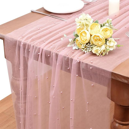 Dusty Rose Pearl Fall Thanksgiving Table Runner Boho Rustic Tulle Lace Table Runner for Baby Shower Wedding Arch Decor Veil Dessert Table Decor