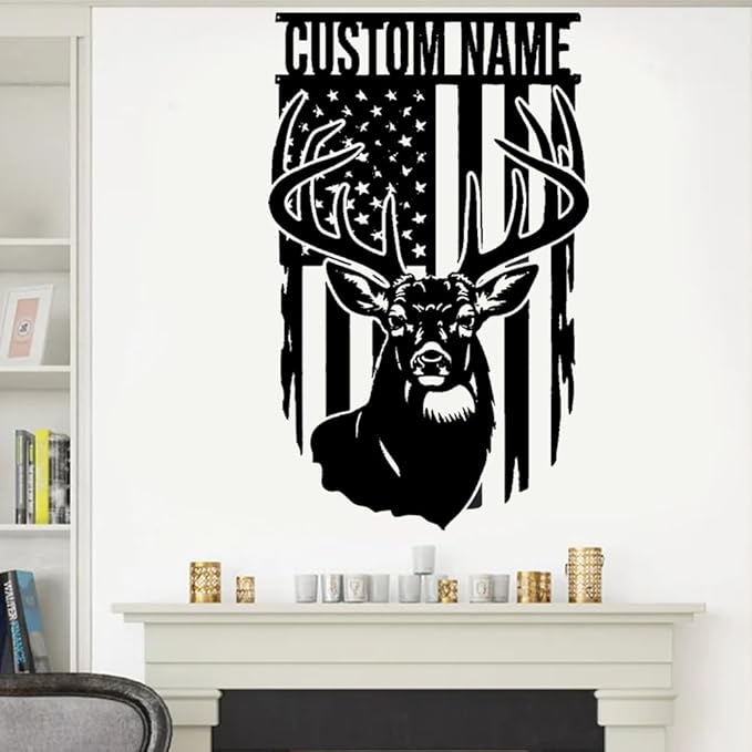 IZI POD Personalized Deer Metal Sign with American Flag, Custom Name Buck Antler Wall Art for Hunting Cabin, Lodge, Man Cave, Rustic Farmhouse Decor, Gift for Men, Hunters & Wildlife Lovers
