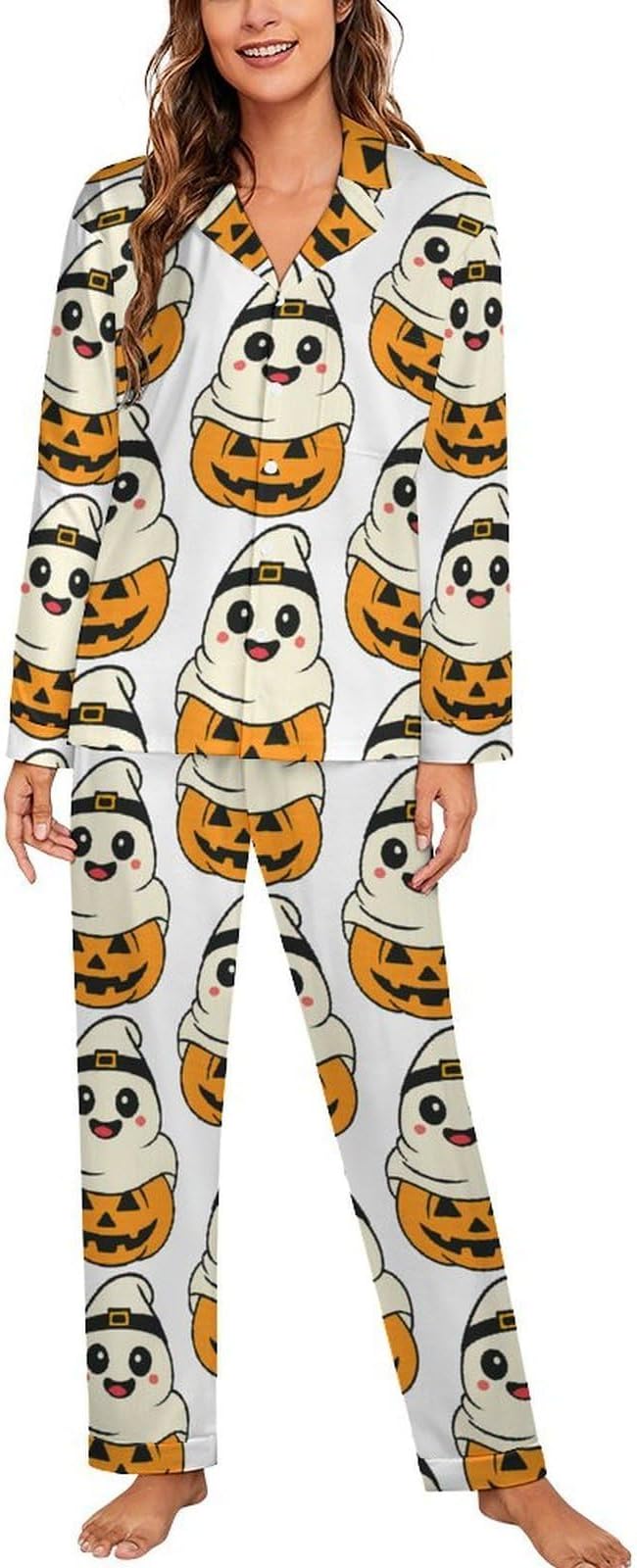 Lemons Leaves Ceramic Style Womens Pajama Set Long Sleeve Pajamas Top And Pants Soft Loungewear Pjs Sets