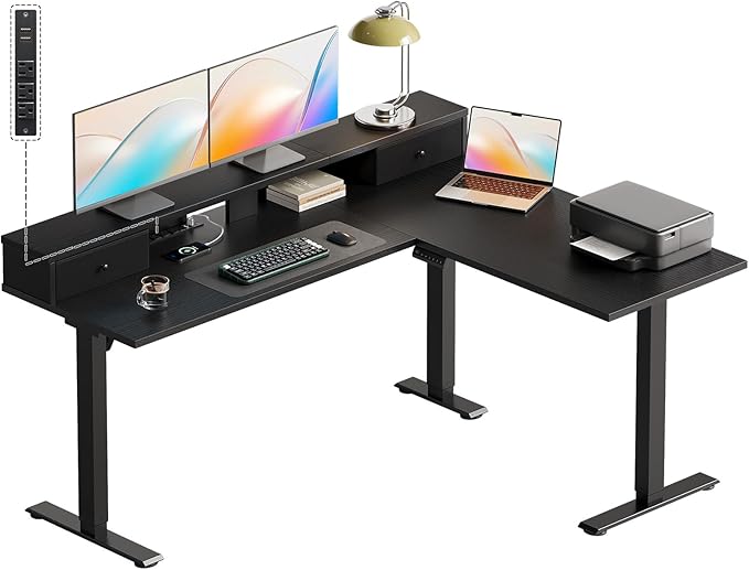 Casaottima 59 Inch Electric L-Shaped Standing Desk with Drawers, Height Adjustable Stand Up Corner Desk with Monitor Stand, Lift Table for Home, Office, Workstation, Black