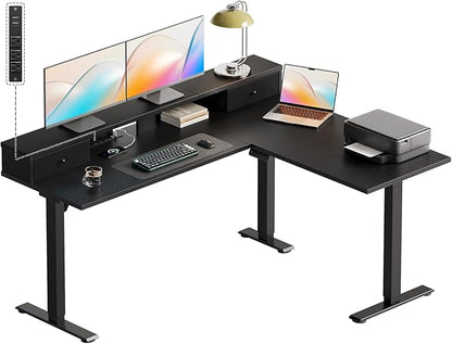 Casaottima 59 Inch Electric L-Shaped Standing Desk with Drawers, Height Adjustable Stand Up Corner Desk with Monitor Stand, Lift Table for Home, Office, Workstation, Black