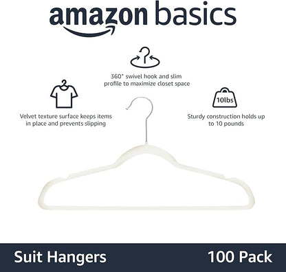 Amazon Basics Slim Velvet Non-Slip Space Saving Suit Clothes Hangers for Closet Organization, Ivory/Beige, 100-Pack