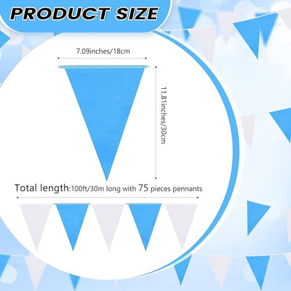 100 Feet Pennant Banners Flags 75 Solid String Triangle Flags for Grand Opening, Carnival Theme Birthday Party Decoration Outdoor Events Classroom Decoration(Blue White)