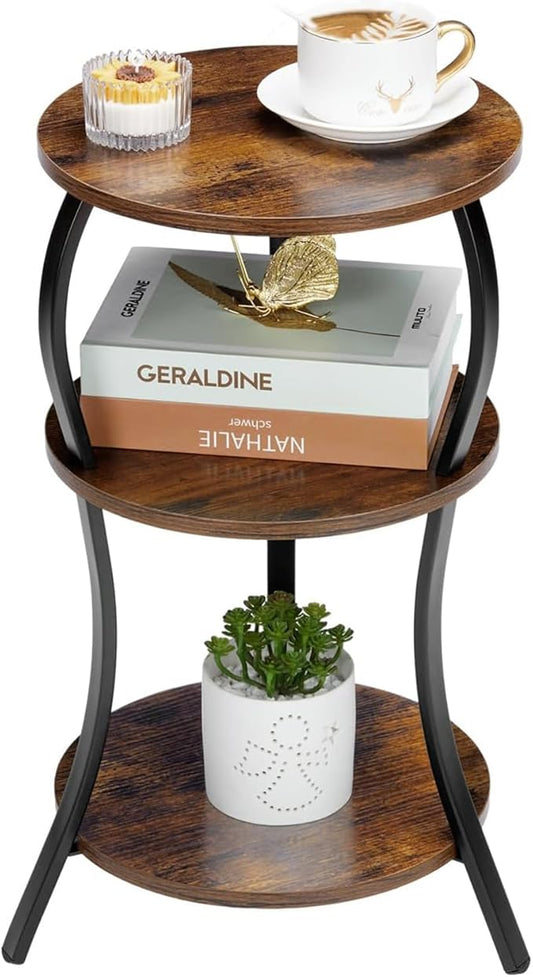 Vintage Small Round Side Table, 3-Tier Slim Waist Circular End Table with Storage Shelf, Compact Tea Sofa Table, Round Corner Coffee Table Nightstand for Living Room Bedroom Small Spaces,Rustic Brown