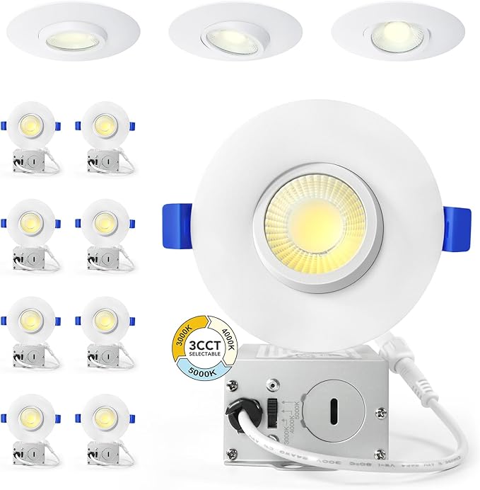 LTpro 3 Inch Gimbal Led Recessed Lights, Waterproof recessed Lights for Shower with Junction Box 10W, Recessed Ceiling LED Lights Dimmable Selectable 5CCT 2700K-6000K, IC Rated.(8 Pack)
