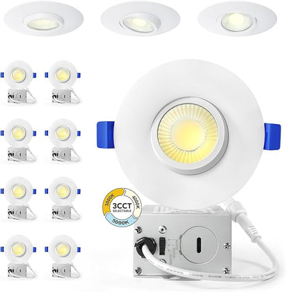 LTpro 3 Inch Gimbal Led Recessed Lights, Waterproof recessed Lights for Shower with Junction Box 10W, Recessed Ceiling LED Lights Dimmable Selectable 5CCT 2700K-6000K, IC Rated.(8 Pack)