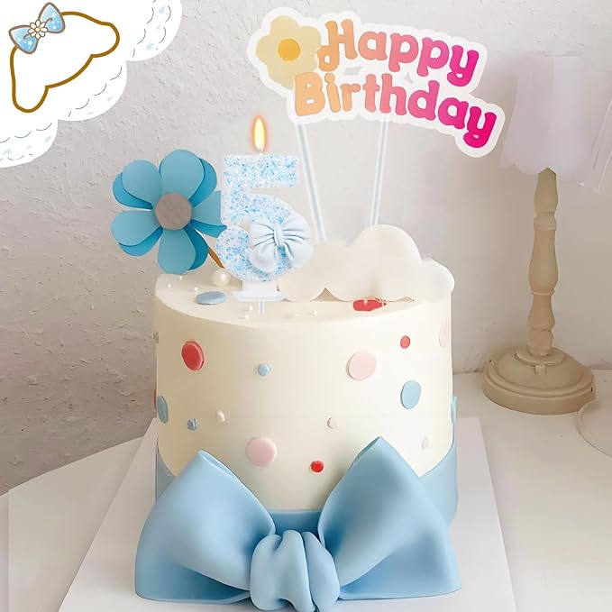 Birthday Candle for Cake, Blue Bow Number Candles, 2.76 inch Number, Cake Topper Decoration for Birthday Party (Number 5)