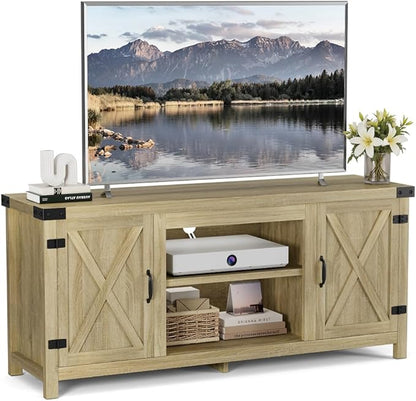 YESHOMY Modern Farmhouse TV Stand with Two Barn Doors and Storage Cabinets for Televisions up to 65+ Inch,Entertainment Center Console Table,Media Furniture for Living Room,Yellow Oak