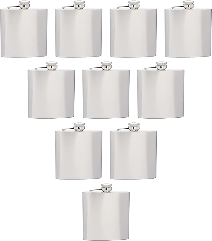 Murano Stainless Steel Hip Flasks 6 oz. Set of 10, Bulk Pack - Screw on Cap, Great for Wedding Party Gifts, Groomsmen Gifts, Outdoor Activities - Silver