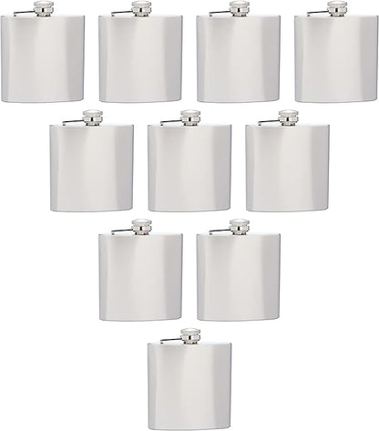Murano Stainless Steel Hip Flasks 6 oz. Set of 10, Bulk Pack - Screw on Cap, Great for Wedding Party Gifts, Groomsmen Gifts, Outdoor Activities - Silver