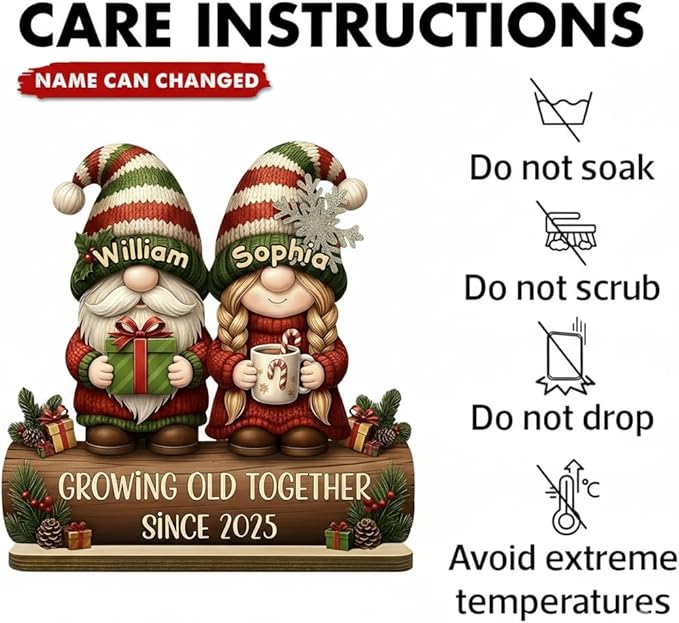 Personalized Gnome Couple Figurine, Growing Old Together Since 2025, Custom Christmas Decoration, Unique Holiday for Couple, Engraved Family Ornament for Parents and Grandparents