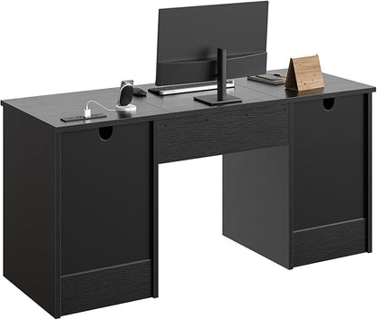 Bestier 59” Office Desk with Lockable Drawers, Modern Computer Desk with File Drawer, Charging Station & Drop-Front Keyboard Drawer, Executive Desk with Storage Cabinet for Home Office & Studio, Black