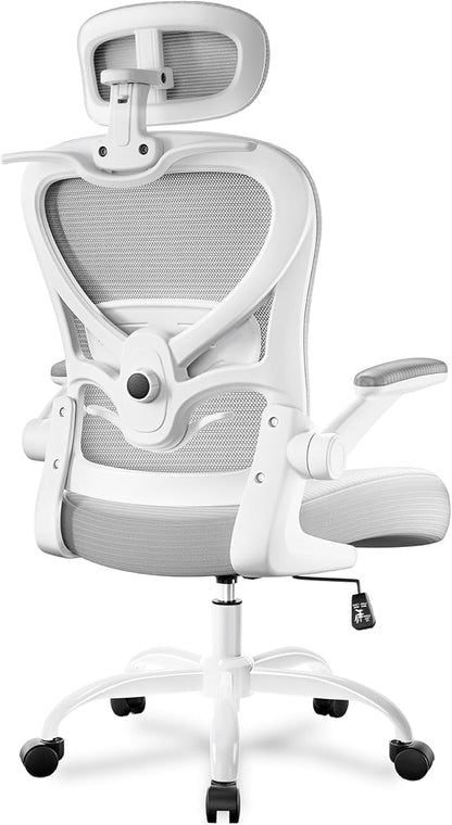 Ergonomic Office Chair with Headrest 3D, Mesh Office Desk Chair with Adjustable Lumbar Support, Computer Chair with Flip up Armrests, 350LBS Capacity - Design for Home/Offices - Grey