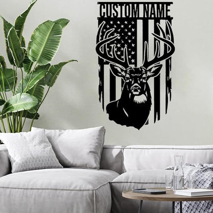 IZI POD Personalized Deer Metal Sign with American Flag, Custom Name Buck Antler Wall Art for Hunting Cabin, Lodge, Man Cave, Rustic Farmhouse Decor, Gift for Men, Hunters & Wildlife Lovers