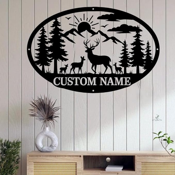 Personalized Deer Metal Sign, Custom Hunting Antler Wall Art Black Steel Plaque for Outdoor Christmas Decorations, Unique Birthday Gift for Men & Wildlife LoversLodge, Farmhouse
