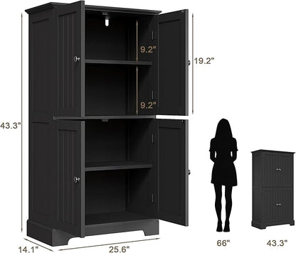 ChooChoo Bathroom Floor Cabinet, Modern Bathroom Storage Cabinet with 4 Doors and Adjustable Shelves, Freestanding Cupboard for Living Room, Kitchen Pantry, Black