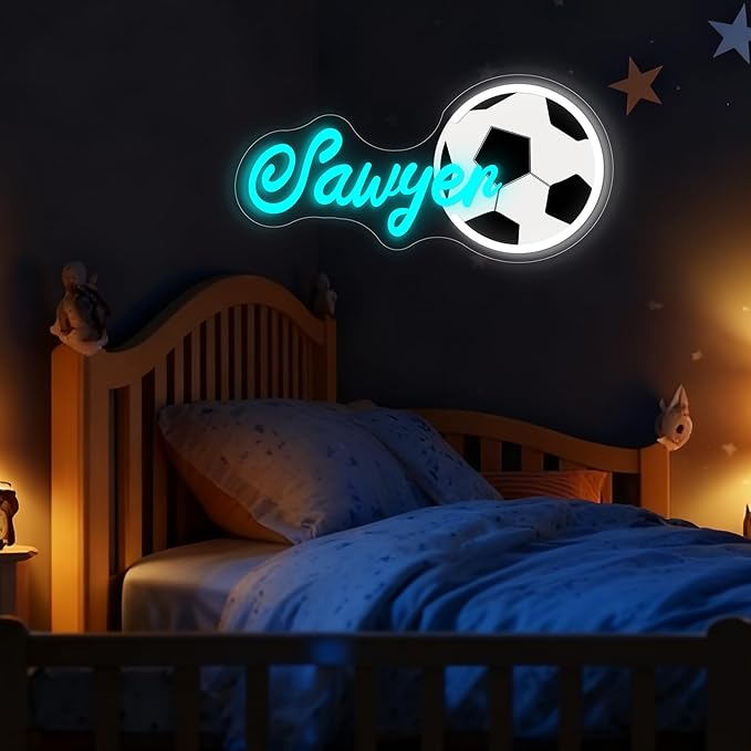 Custom Name Neon Sign, Personalized Soccer Neon Light for Wall Decor, Customizable Sports Led Light Up Signs for Soccer Player Present Kids Boys Bedroom Birthday Party Man Cave Bar Fans Club