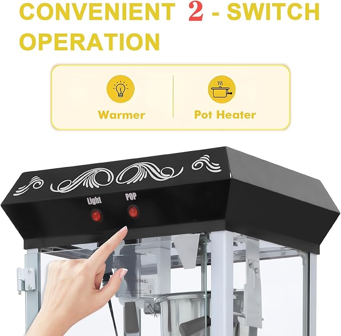 Commercial Popcorn Machine with Cart in Sleek Black - 8oz Kettle Pops 32 Cups/Batch, with Warming Lamp, Glass Door & Wheels for Theater, Parties