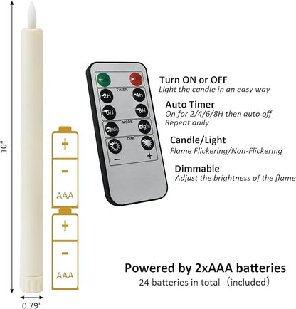 12PCS Flameless Taper Candles with 3D Flickering Flame Battery Operated Candles with 2 Remote with Button Cell Battery 10" Ivory LED Candlesticks Window Candle for Christmas Home Decor