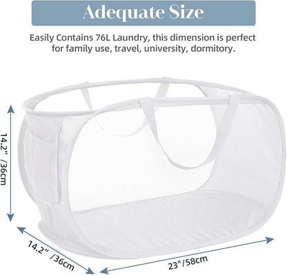 Strong Mesh Pop Up Laundry Basket, Collapsible Laundry Hamper with Side Pocket, Foldable Clothes Pop Up Hamper with Durable Reinforced Handles for Laundry, Bathroom, Kids Room, Dorm or Travel White