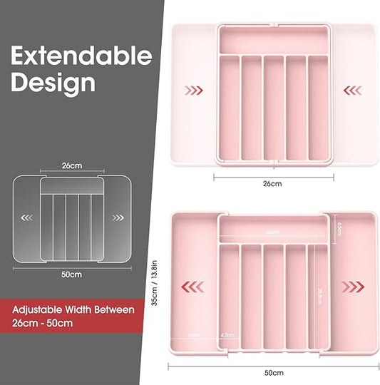 Aujen Silverware Organizer - Expandable Kitchen Drawer Organizer, Adjustable Utensil Organizer, Cutlery Tray for Forks, Knives, Multipurpose Kitchen Organizers and Storage Solution, Pink, Large