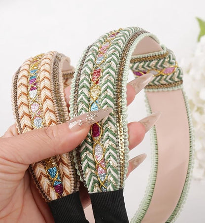 Women's Boho Top Knotted Braided Headbands for Women Non Slip, Girls Sparkly Wide Hair Accessories Christmas Gift (Boho Green Knot)