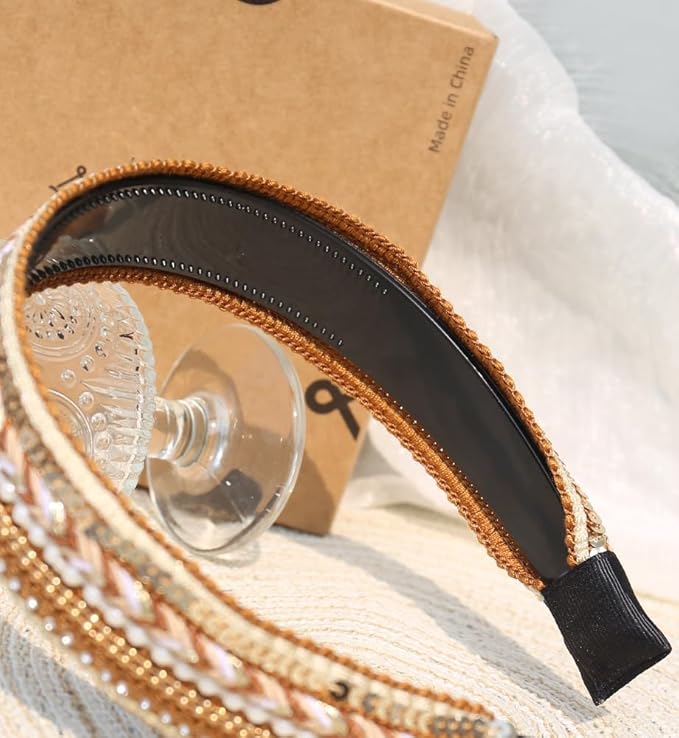 Women's Boho Sequin Pearls Headbands for Women Non Slip, Girls Sparkly Wide Hair Accessories Christmas Gift (Boho Yellow Wide)