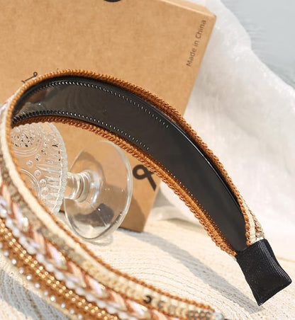 Women's Boho Sequin Pearls Headbands for Women Non Slip, Girls Sparkly Wide Hair Accessories Christmas Gift (Boho Yellow Wide)