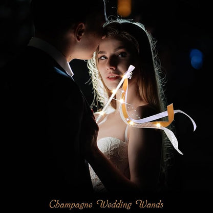 60PCS Light Up Wands,Wedding Wands Ribbon Streamers with 3 Colorful Flashing Modes,LED Silk Fairy Wands with Bells for Wedding Party Favors,Easter,July 4th,Birthday Decor(Champagne)