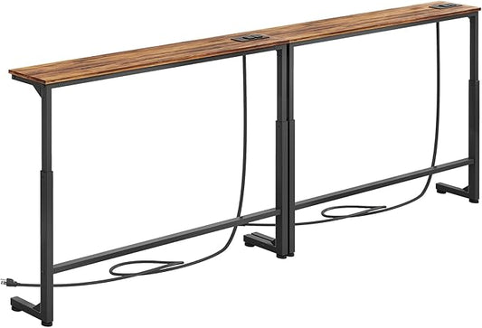 Kitstorack 2-Pack Narrow Console Table with Adjustable Height (25"-33") & 2 Power Outlets, Skinny Behind Couch Table, 78.8" Long x 5.9" Wide Sofa Side Table for Living Room, Rustic Brown | 2-Pack, Behind Sofa Couch