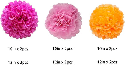Rose Red,Light Pink and Orange Paper Pom Poms Decorations for Pink Orange Party Ceiling Wall Hanging Tissue Flowers Decorations，12pcs 3 Colors of 12 Inch, 10 Inch