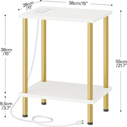HOOBRO Side Table with Charging Station, Set of 2 End Tables with USB Port and Outlets, Nightstand with 2-Layer Storage Shelves for Small Spaces, Living Room, Bedroom, White and Gold DW09UBZP201