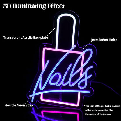 Nails Neon Sign LED Neon Light Signs Nail Polish Light Up Signs for Wall Decor Colorful Acrylic LED Wall Sign Pink Neon Lights for Bedroom Beauty Room Girly Room Nails Salon Decor