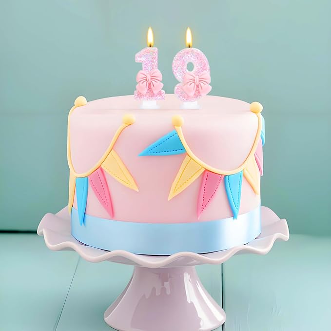 Number 19 Candle Pink Sequins and Bowtie 19th Cake Topper, 19 Birthday Candle for Girls Pastel Sweet Theme Birthday Party or Adults Milestone Age Decoration