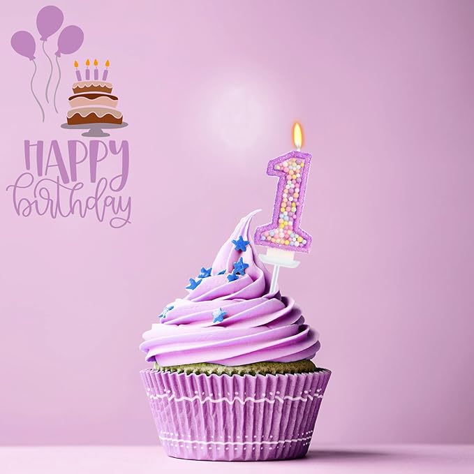 Birthday Candles - Number 1 Candle, Colorful Macaron Candles for Boys/Girls, Purple Party Decorations, Purple Cake Decorations