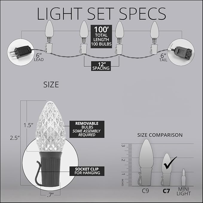 Wintergreen Lighting C7 Opticore Commercial Grade Warm White Christmas Lights – Heavy Duty Outdoor Holiday Bulbs on 18-Gauge Green Wire (100 Lights, 100 ft)