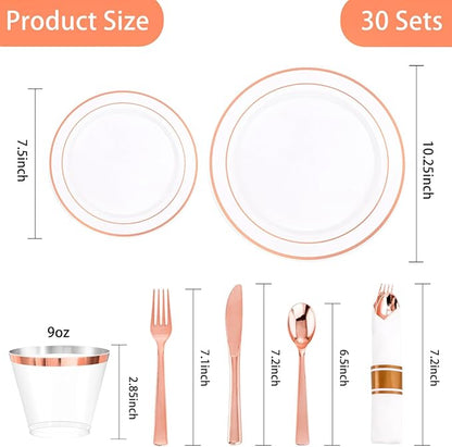 DaYammi 210PCS Rose Gold Plastic Dinnerware Set for 30 Guests, Valentine's Day Plates for Party, Include: 30 Dinner Plates, 30 Dessert Platos, 30 Pre Rolled Napkins with Rose Gold Silverware, 30 Cups