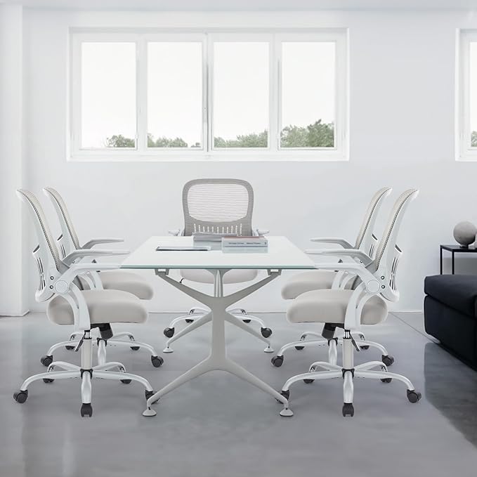 Sweetcrispy Home Office Managerial Executive Chair, Ergonomic Mesh Adjustable Swivel Mid-Back Chair with, Flip-up Arms, Comfortable Lumbar Support, Comfy Arms for Bedroom,Study,Student, Grey