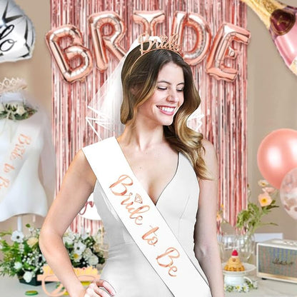 MOVINPE Bachelorette Party Decorations, Bride to Be Sash, Veil, Rhinestone Tiara, Dare Cards, Photo Booth Props, Foil Curtains, Tattoos, Rose Gold Bridal Shower Party Supplies Decor