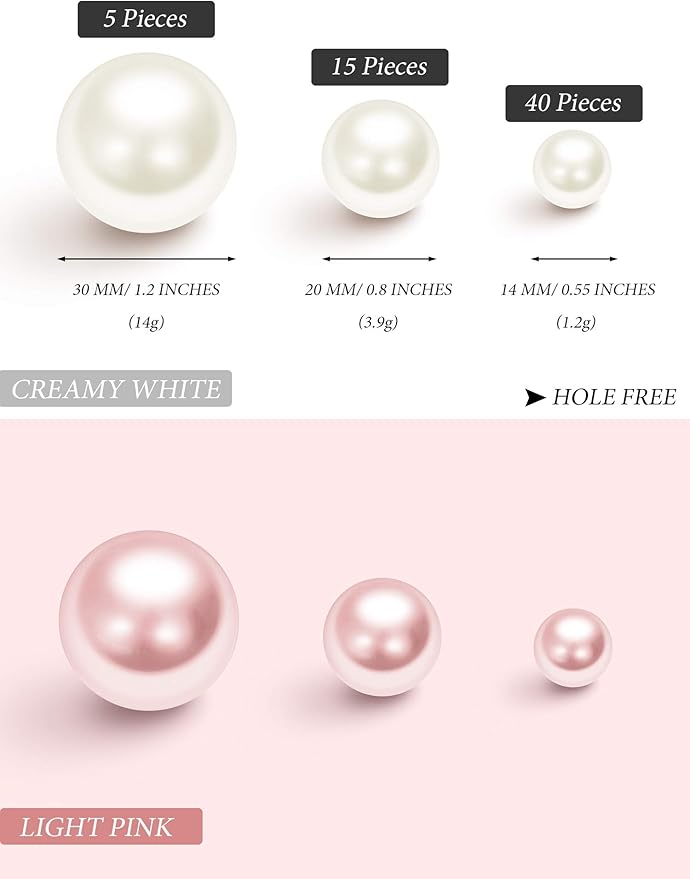 Hicarer 120 Pieces Pearl for Vase Filler Pearl Bead Vase Centerpieces Brush Holder Assorted Round Faux Bead for Crafting, Home Wedding Table Decor 14/20/30 mm(Creamy White, Light Pink)