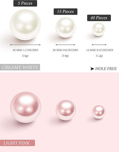 Hicarer 120 Pieces Pearl for Vase Filler Pearl Bead Vase Centerpieces Brush Holder Assorted Round Faux Bead for Crafting, Home Wedding Table Decor 14/20/30 mm(Creamy White, Light Pink)