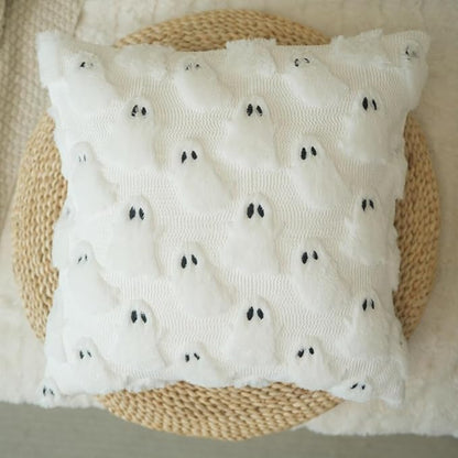 GEEORY Halloween Ghost Soft Plush Pillow Covers, 16 x 16 Inch Set of 2, Fluffy Faux Fur Wool Decorative Farmhouse Cushion Case for Sofa Home Decoration White GC026-16